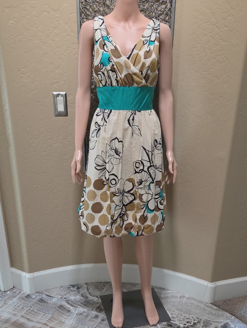 Suzi Chin for Maggy Boutique Teal-Accented Cream Floral Midi Bubble Hem Dress